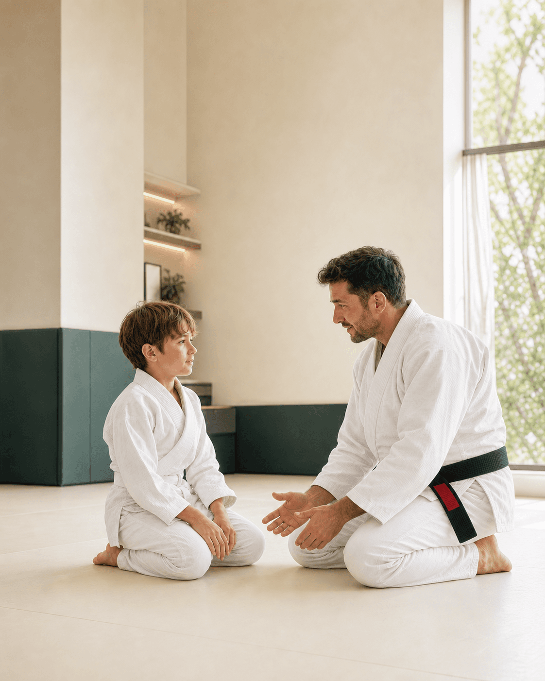 Главный тренер Arnaut BJJ Team с чёрным поясом разговаривает с учеником